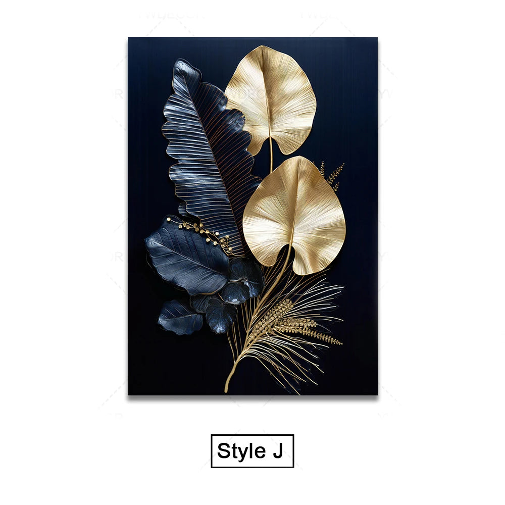 Black Golden Tropical Leaves Wall Art Fine Art Canvas Prints Modern Botanical Pictures For Luxury Living Room Dining Room Home Office Decor