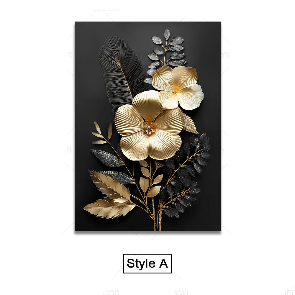 Black Golden Tropical Leaves Wall Art Fine Art Canvas Prints Modern Botanical Pictures For Luxury Living Room Dining Room Home Office Decor