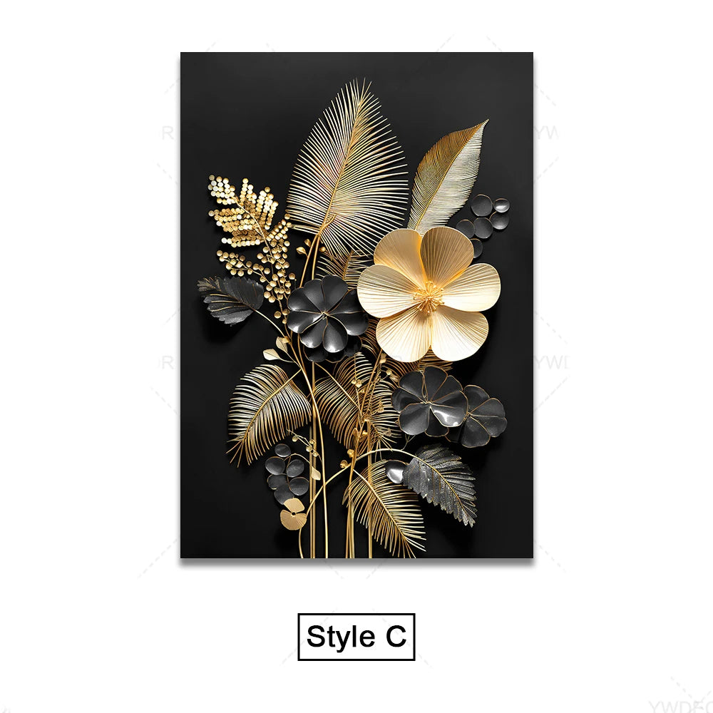 Black Golden Tropical Leaves Wall Art Fine Art Canvas Prints Modern Botanical Pictures For Luxury Living Room Dining Room Home Office Decor