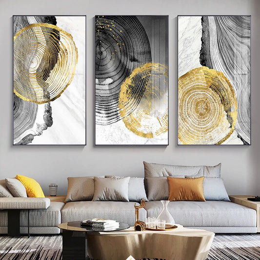 Black Gray Golden Abstract Tree Rings Wall Art Fine Art Canvas Prints Pictures For Living Room Dining Room Art For Contemporary Scandinavian Interiors