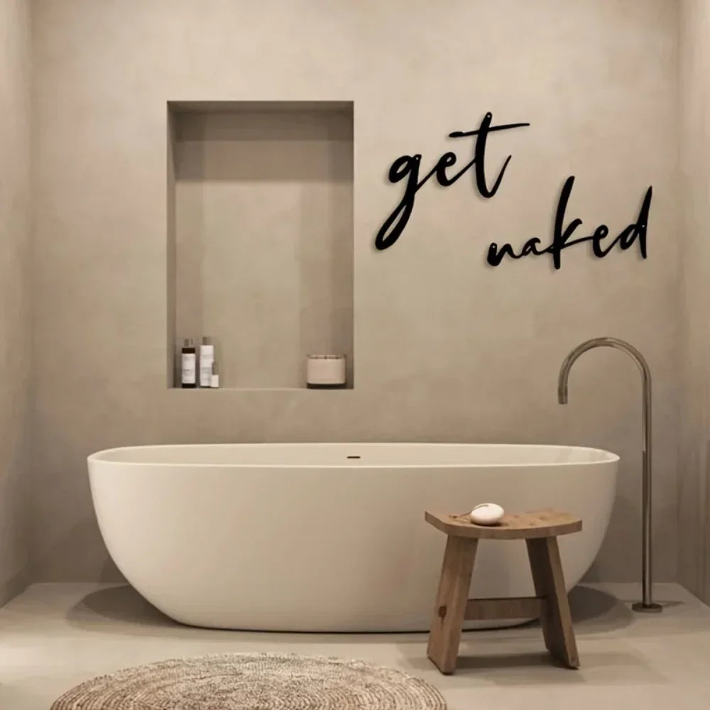 Black Metal Get Naked Wall Art For Bathroom 3d Iron Crafted Easy To Install Creative Typographic Wall Decor For Washroom Shower Room Nordic Home Decor