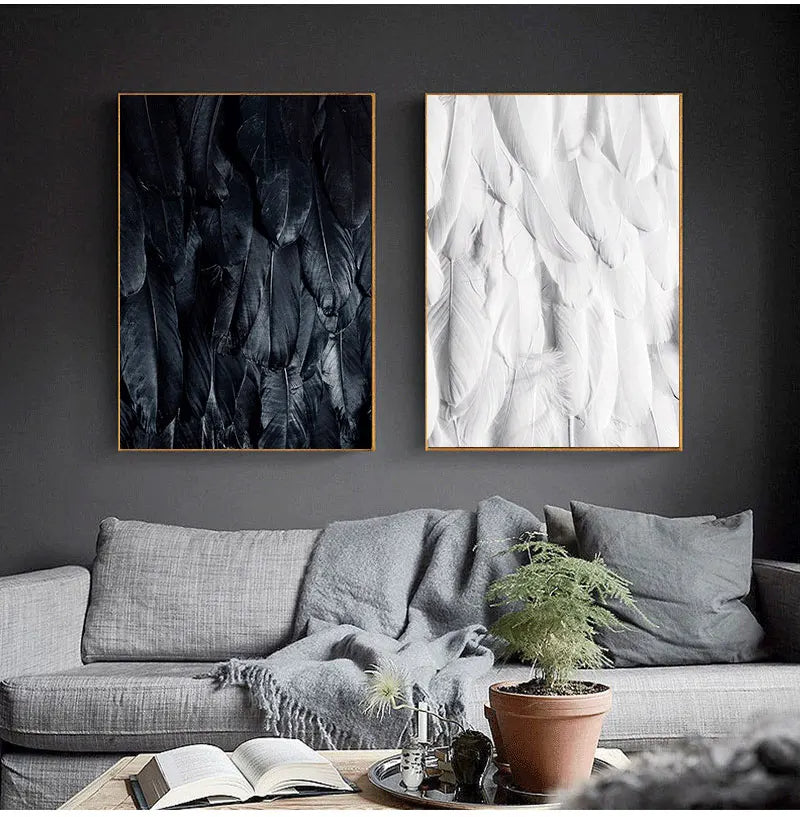 Black White Golden Feather Wall Art Fine Art Canvas Prints Chic Posters Boutique Fashion Pictures For Living Room Bedroom Hotel Salon Art Decor