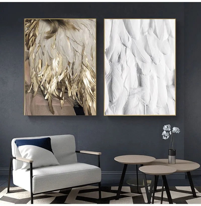 Black White Golden Feather Wall Art Fine Art Canvas Prints Chic Posters Boutique Fashion Pictures For Living Room Bedroom Hotel Salon Art Decor