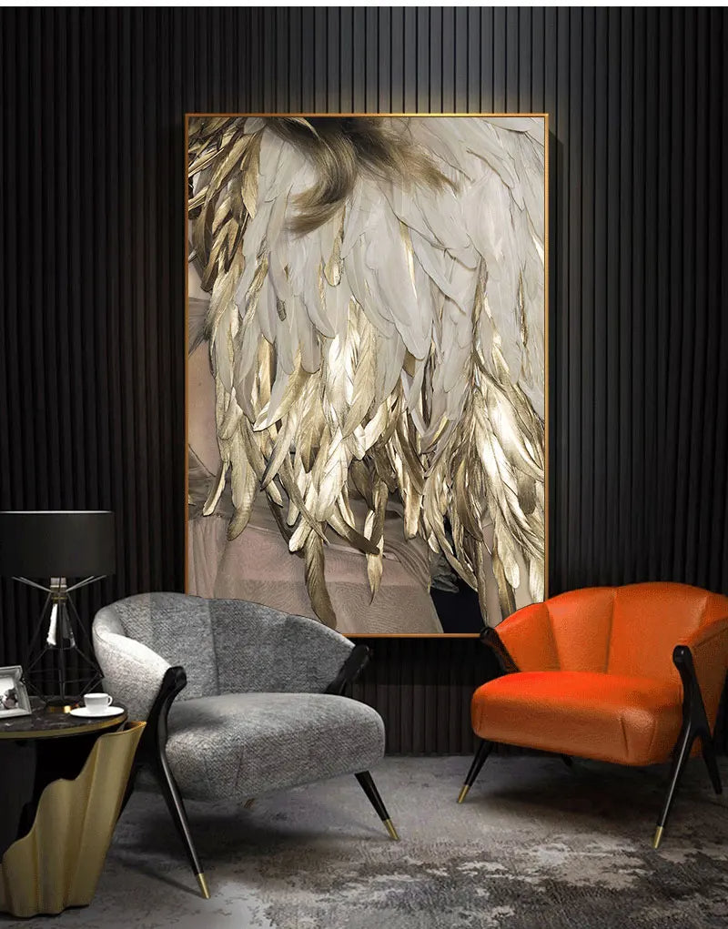 Black White Golden Feather Wall Art Fine Art Canvas Prints Chic Posters Boutique Fashion Pictures For Living Room Bedroom Hotel Salon Art Decor