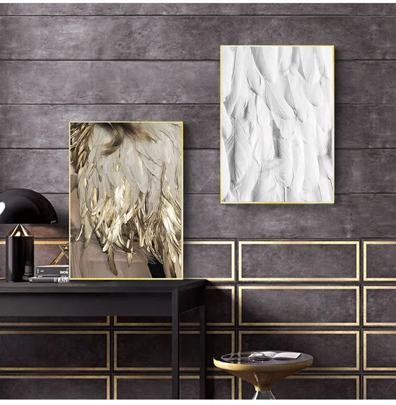 Black White Golden Feather Wall Art Fine Art Canvas Prints Chic Posters Boutique Fashion Pictures For Living Room Bedroom Hotel Salon Art Decor