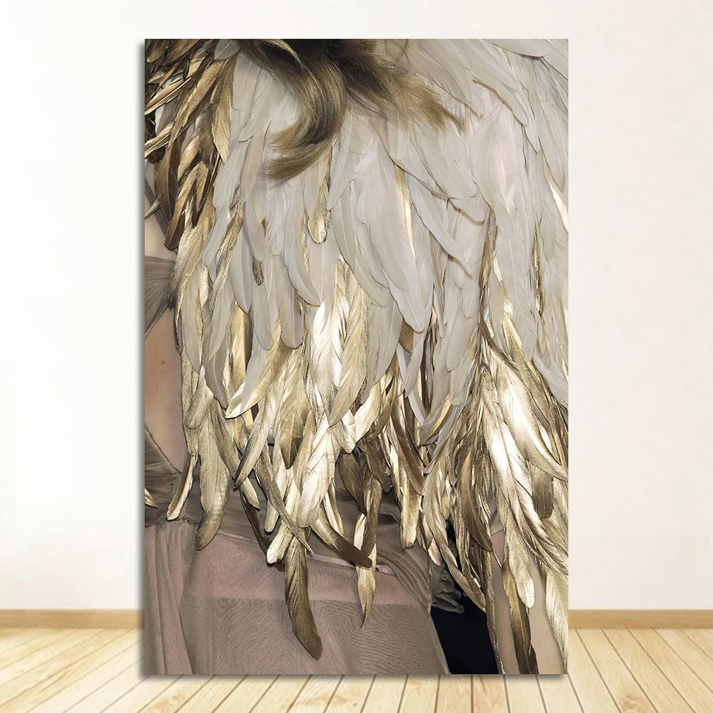 Black White Golden Feather Wall Art Fine Art Canvas Prints Chic Posters Boutique Fashion Pictures For Living Room Bedroom Hotel Salon Art Decor