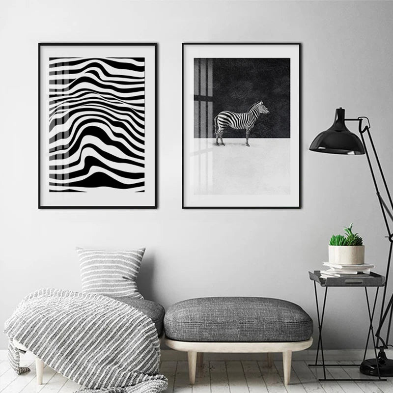 Black and White Striped Zebra Animal Canvas Painting Print Poster Mural Horse Modern Decorative Painting