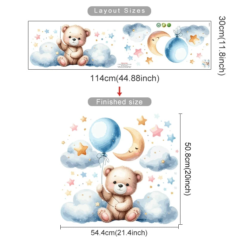 Wall decal with teddy bear, moon, and balloons on a white background