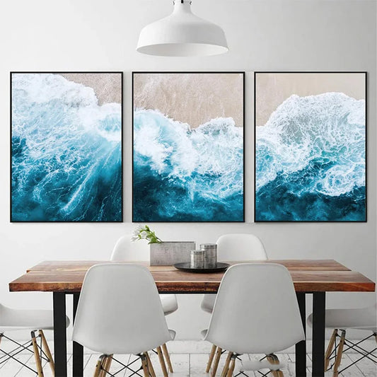 Blue Ocean Waves Beach Wall Art Fine Art Canvas Prints Sand Seascape Coastal Pictures For Living Room Dining Room Art For Modern Apartment