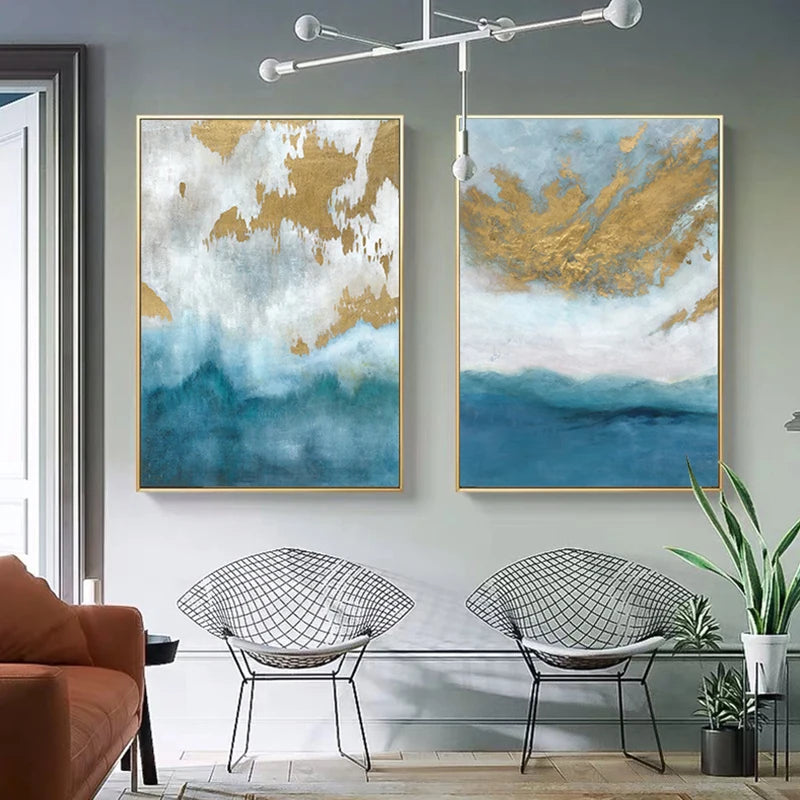 Blue Sea Golden Sands Wall Art Fine Art Canvas Prints Nordic Abstract Pictures For Modern Apartment Living Room Bedroom Foyer Art Decor