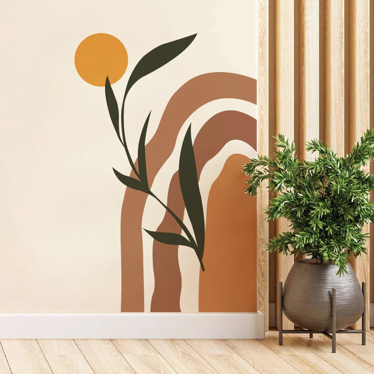 Boho Abstract Sun Arch Wall Mural – Simple Botanical Vinyl Wall Decal for Bedroom, Living Room, Creative DIY Home Decor