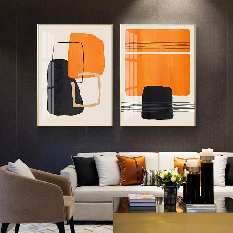 Bold Orange Beige Black Mosaic Abstract Wall Art Fine Art Canvas Prints Pictures For Modern Apartment Living Room Art For Contemporary Interiors