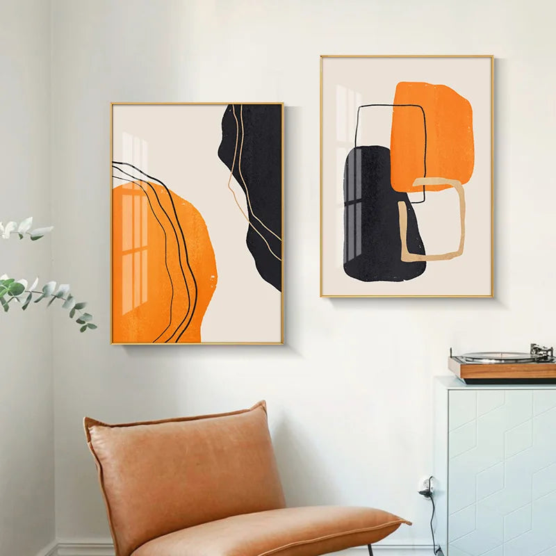 Bold Orange Beige Black Mosaic Abstract Wall Art Fine Art Canvas Prints Pictures For Modern Apartment Living Room Art For Contemporary Interiors