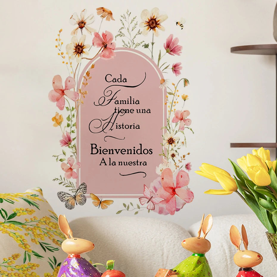 Cada Familia Tiene Una Historia Spanish Home Welcome Quote Wall Decal – Pink Floral Arch Wall Mural For Living Room Kitchen Family Room Decor