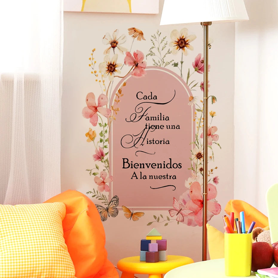 Cada Familia Tiene Una Historia Spanish Home Welcome Quote Wall Decal – Pink Floral Arch Wall Mural For Living Room Kitchen Family Room Decor
