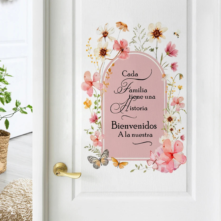 Cada Familia Tiene Una Historia Spanish Home Welcome Quote Wall Decal – Pink Floral Arch Wall Mural For Living Room Kitchen Family Room Decor