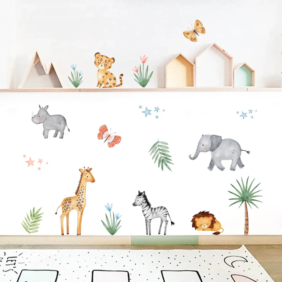 Children's room with animal-themed wall decals and shelves.