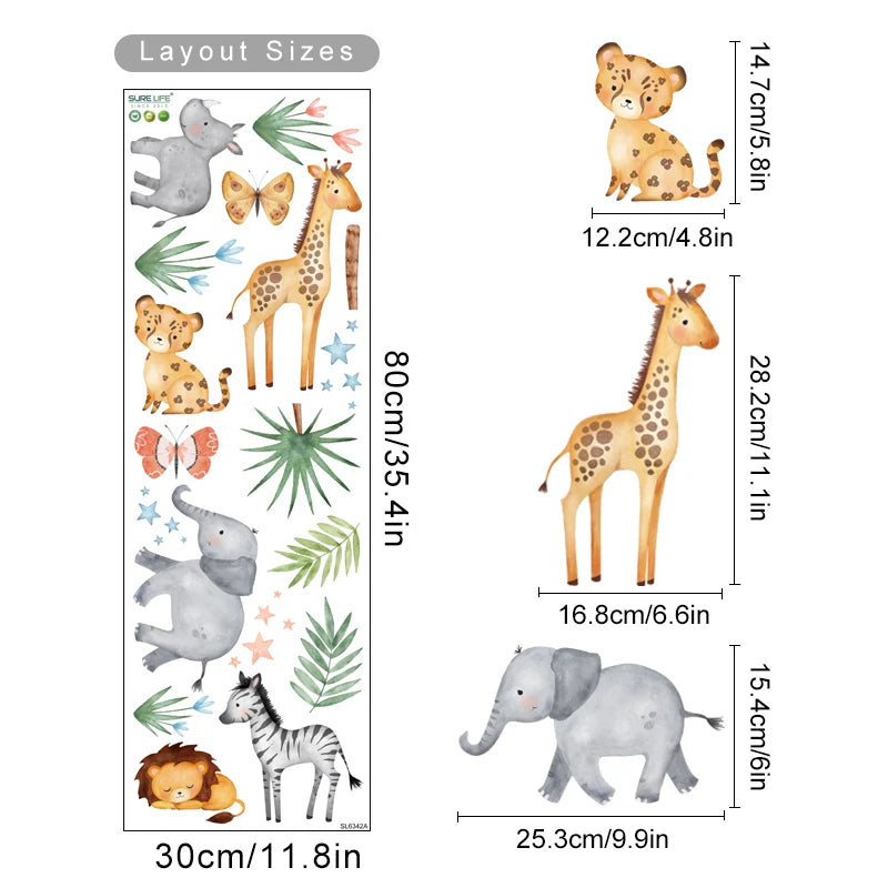 Dimensions of various animal wall stickers with layout sizes on a white background
