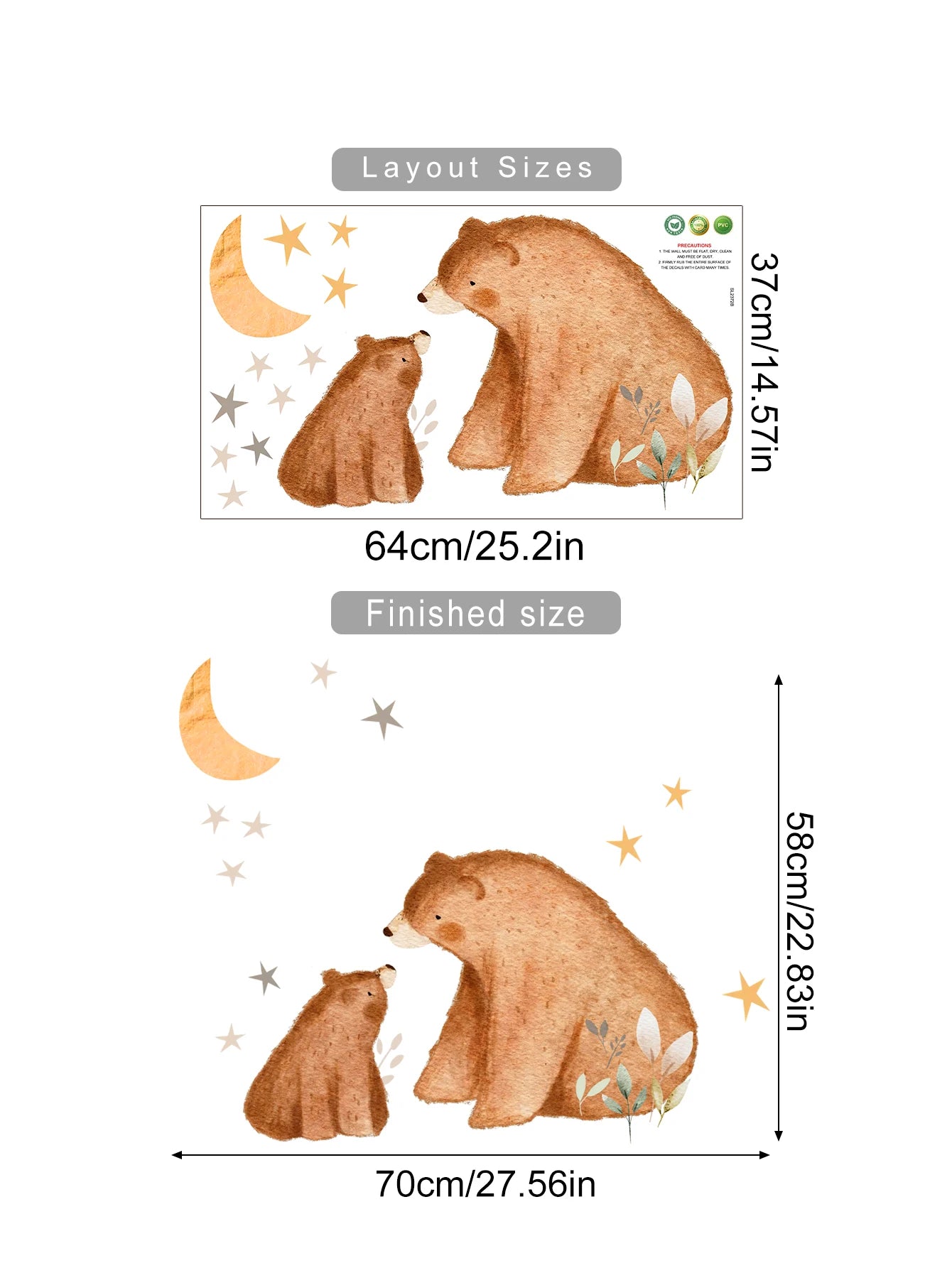 Wall decal of two bears with measurement details on a white background
