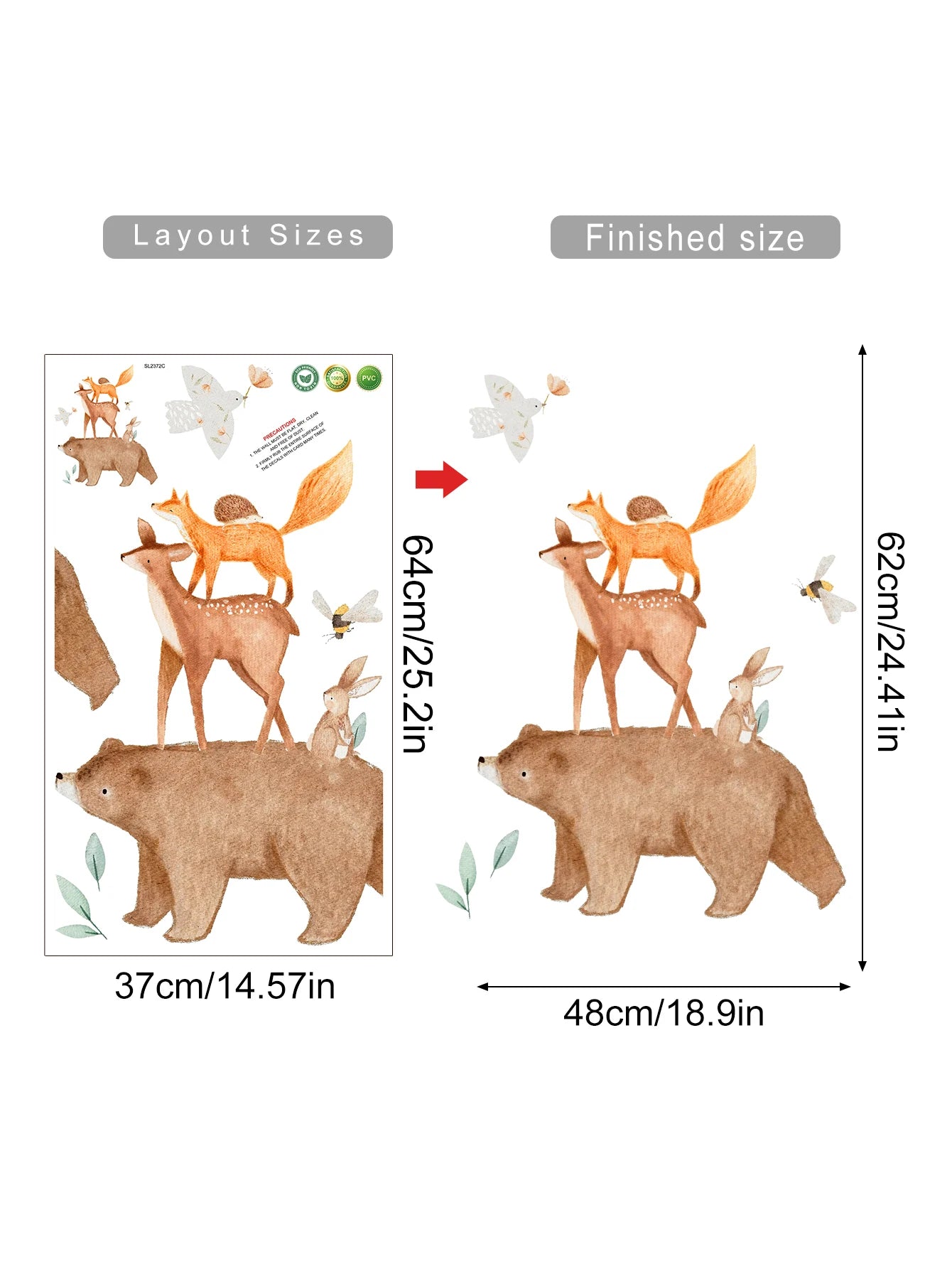 Wall stickers with animal designs and measurements on a white background