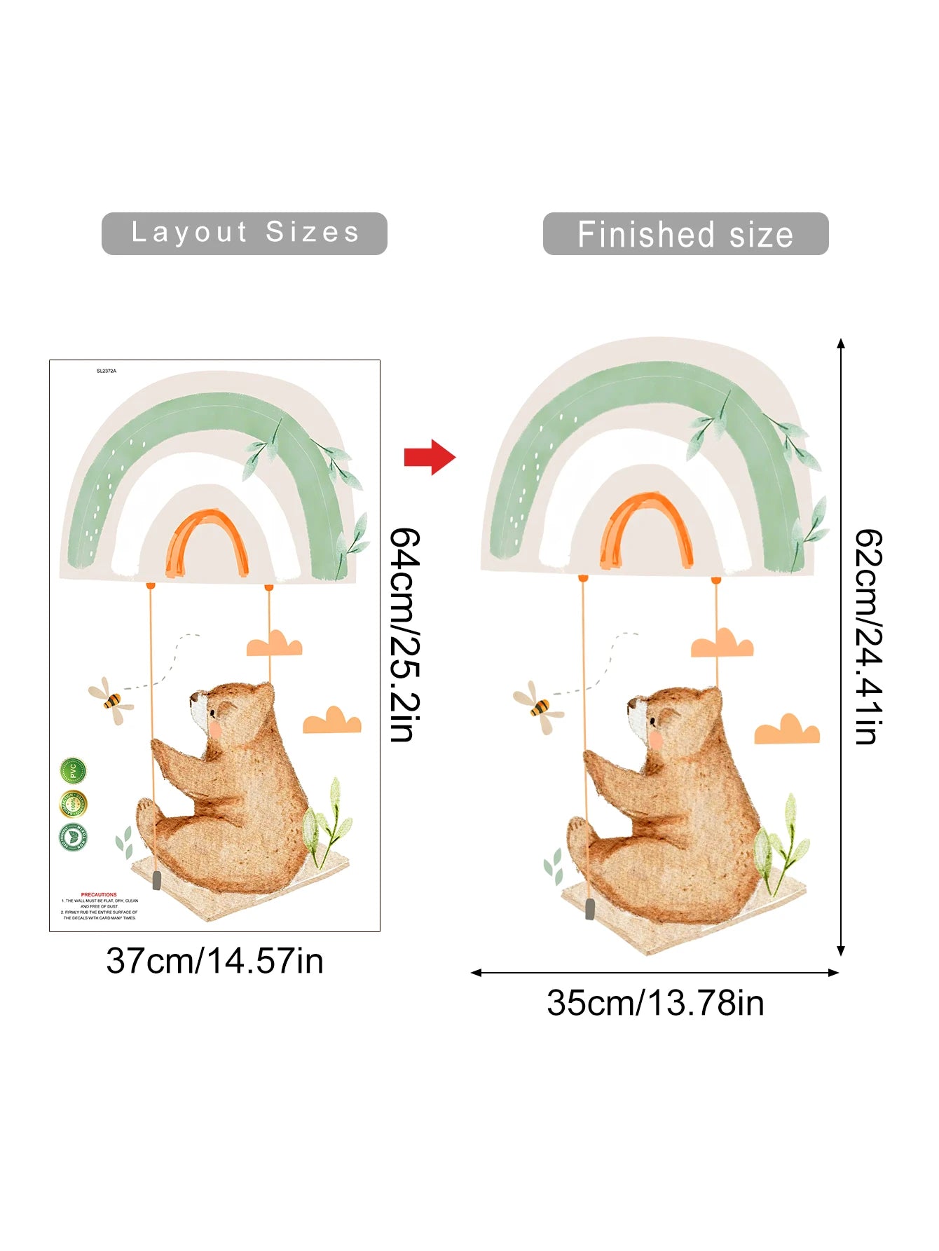 Wall decal with bear and rainbow design and size measurements on a white background