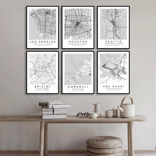 City Map Posters Wall Art - Beijing, Cape Town, Sydney, Los Angeles, Milan, Houston, Seattle, Abu Dhabi, Cornwall, Bristol, Gosport, Pudsey Wall Map Black White Fine Art Canvas Prints Stylish Minimalist Posters For Home/Office