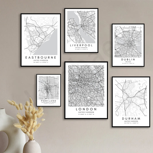 City Map Posters Wall Art - Istanbul, London, Kuala Lumpur, Manchester, Dublin, Benidorm, Durham, Chester, Eastbourne Wall Map Black White Fine Art Canvas Prints Stylish Minimalist Posters For Home/Office