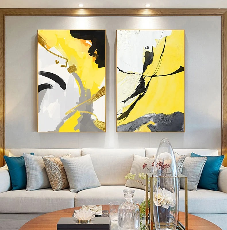 Colorful Abstract Yellow Grey Wall Art Fine Art Canvas Prints Pictures For Modern Apartment Living Room Dining Room Contemporary Home Decor