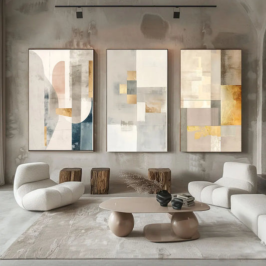 Contemporary Abstract Geometric Color Block Wall Art Fine Art Canvas Prints Neutral Color Pictures For Modern Apartment Living Room Scandinavian Home Decor