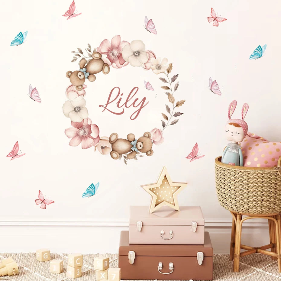 Custom Baby's Name Teddy Bear Wall Decal – Butterflies & Flowers Wall Mural for Nursery Room, Kids Room, Creative DIY Home Decor