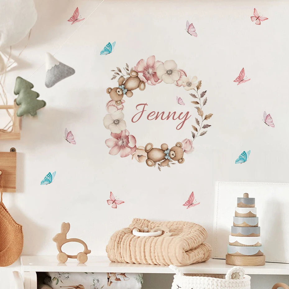 Custom Baby's Name Teddy Bear Wall Decal – Butterflies & Flowers Wall Mural for Nursery Room, Kids Room, Creative DIY Home Decor
