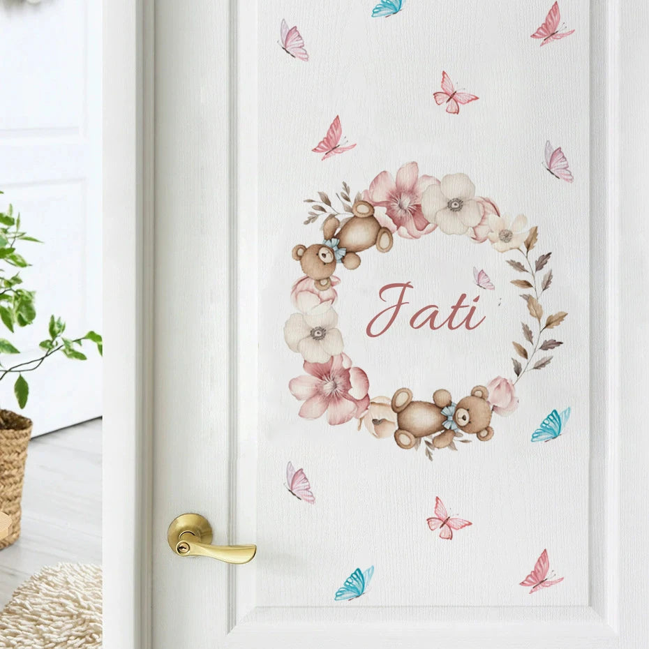 Custom Baby's Name Teddy Bear Wall Decal – Butterflies & Flowers Wall Mural for Nursery Room, Kids Room, Creative DIY Home Decor
