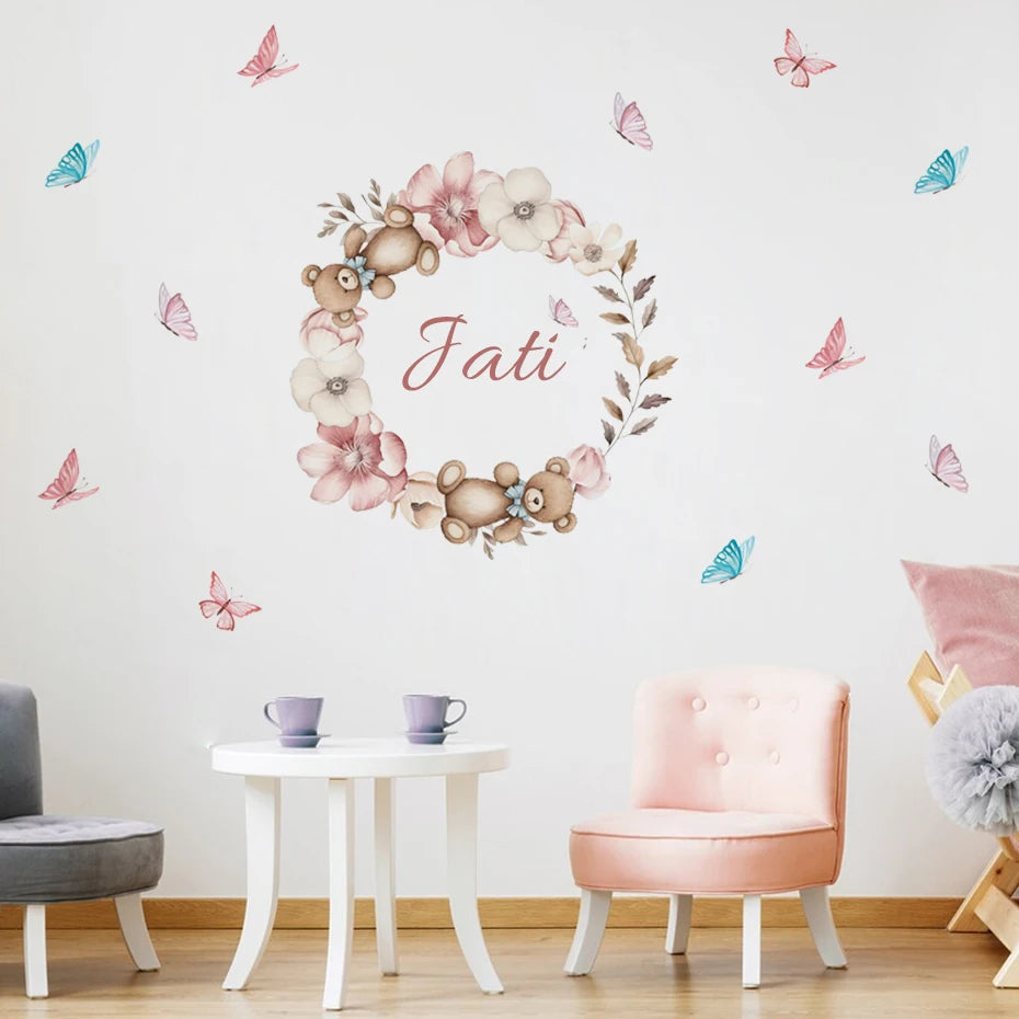 Custom Baby's Name Teddy Bear Wall Decal – Butterflies & Flowers Wall Mural for Nursery Room, Kids Room, Creative DIY Home Decor
