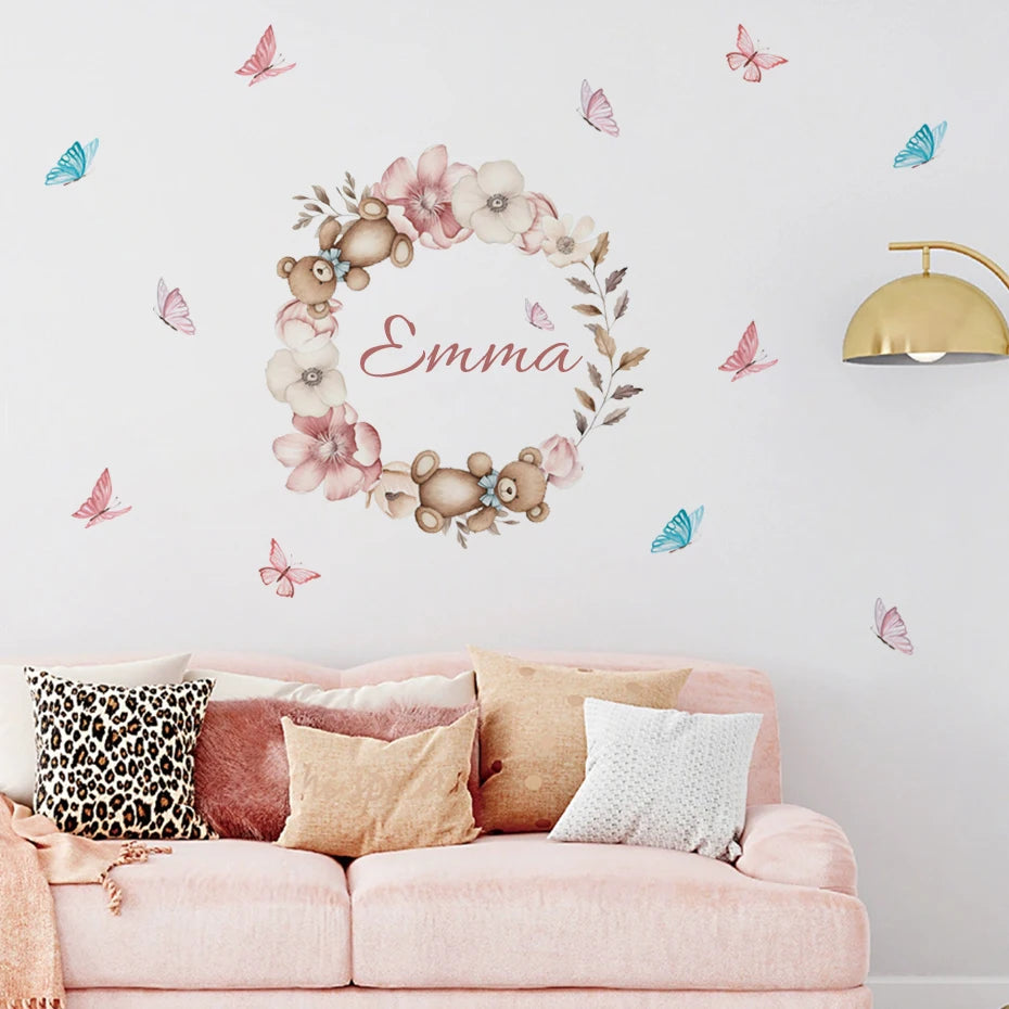 Custom Baby's Name Teddy Bear Wall Decal – Butterflies & Flowers Wall Mural for Nursery Room, Kids Room, Creative DIY Home Decor