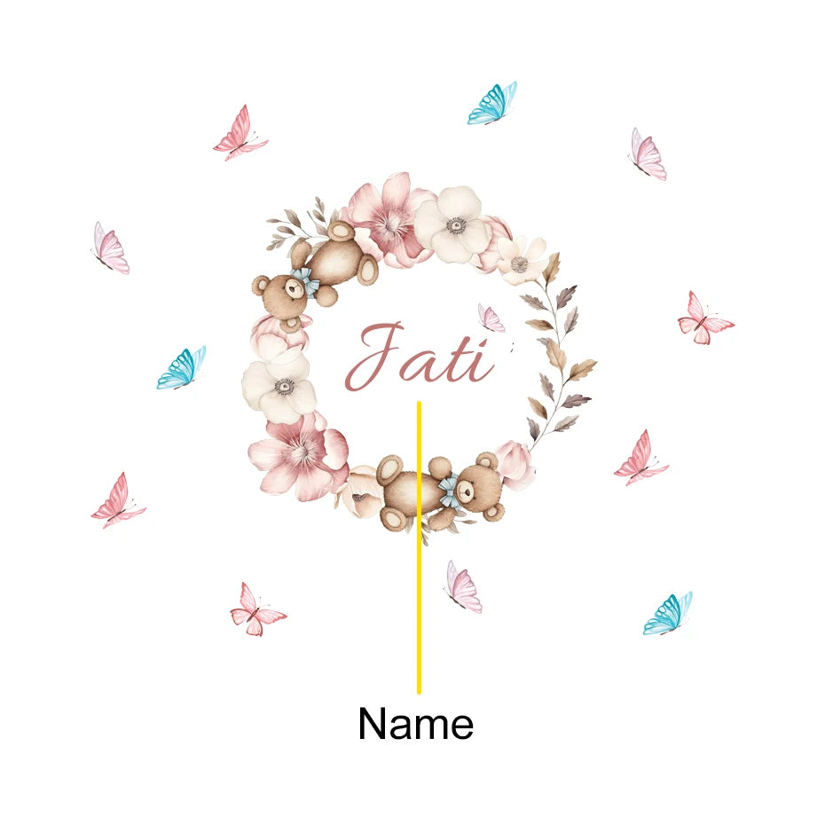 Custom Baby's Name Teddy Bear Wall Decal – Butterflies & Flowers Wall Mural for Nursery Room, Kids Room, Creative DIY Home Decor