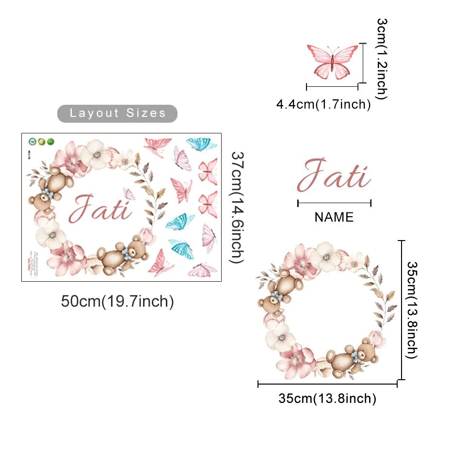 Custom Baby's Name Teddy Bear Wall Decal – Butterflies & Flowers Wall Mural for Nursery Room, Kids Room, Creative DIY Home Decor