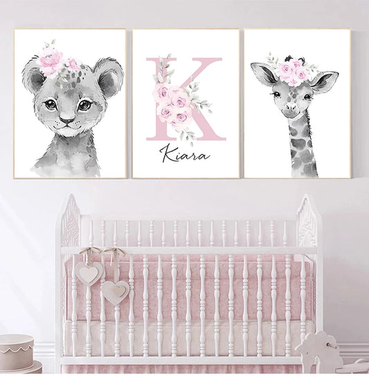 Cute Animals Nordic Nursery Posters Personalized Baby's Name Wall Art Fine Art Canvas Prints Pictures For Baby's Room Nursery Room Wall Decor