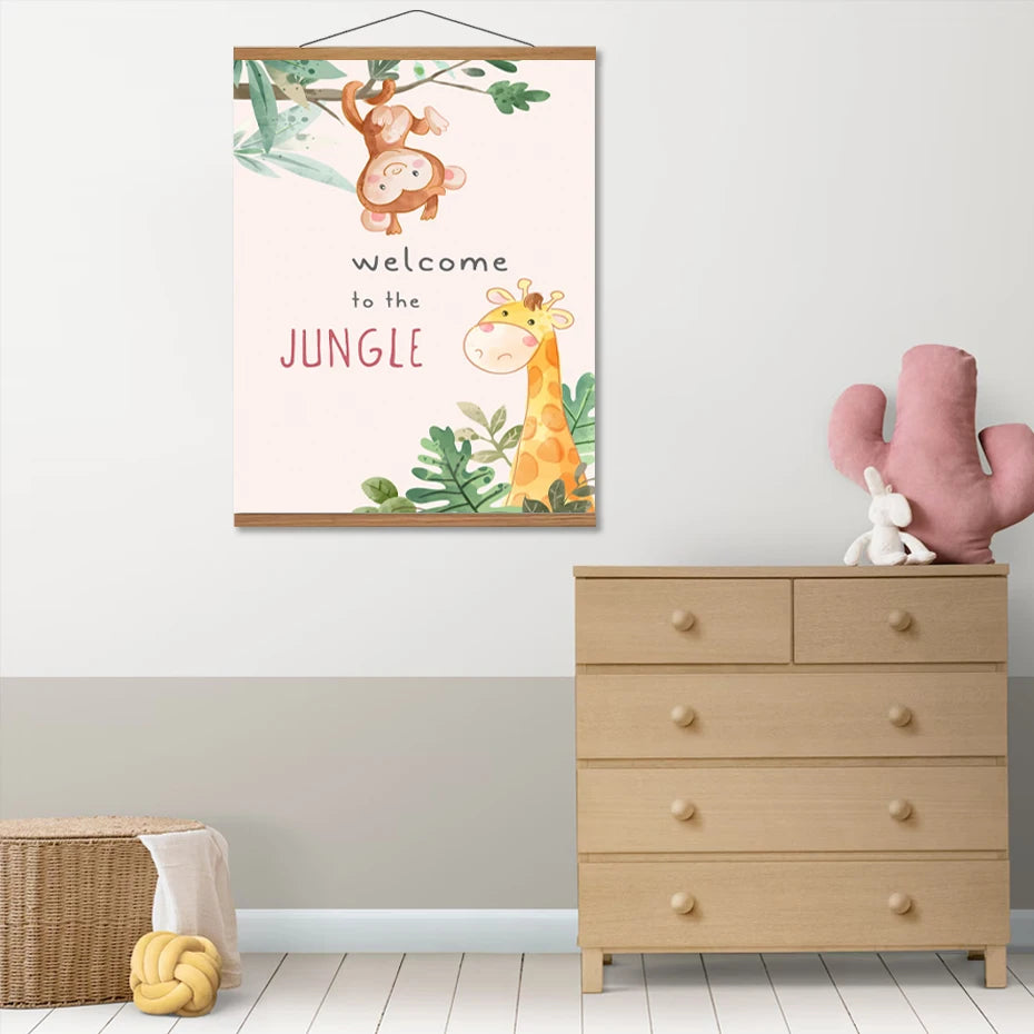 Cute Cartoon Jungle Animal Nursery Wall Art Fine Art Canvas Prints for Kids Room, Baby Bedroom or Playroom Decor