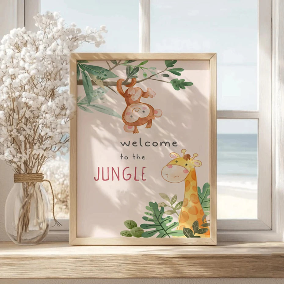 Cute Cartoon Jungle Animal Nursery Wall Art Fine Art Canvas Prints for Kids Room, Baby Bedroom or Playroom Decor