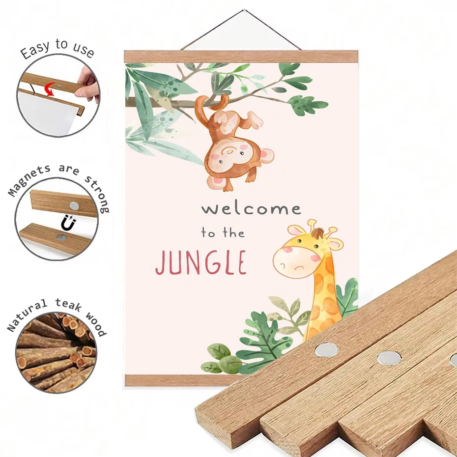Cute Cartoon Jungle Animal Nursery Wall Art Fine Art Canvas Prints for Kids Room, Baby Bedroom or Playroom Decor