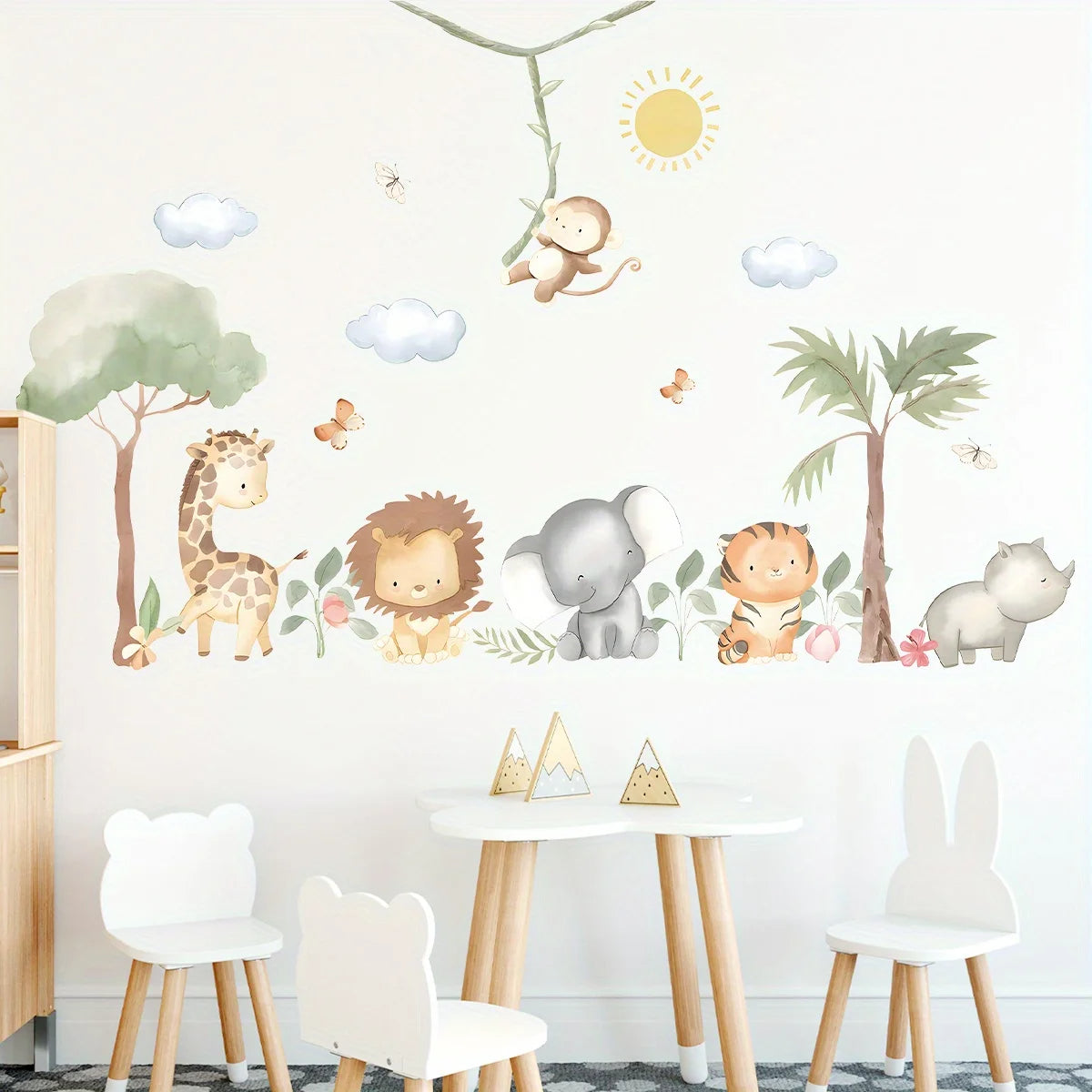 Cute Cartoon Jungle Animals Wall Decals – Peel & Stick Lion Giraffe Elephant Tiger Wall Stickers for Nursery Classroom, Kindergarten & Children's Playroom Spaces