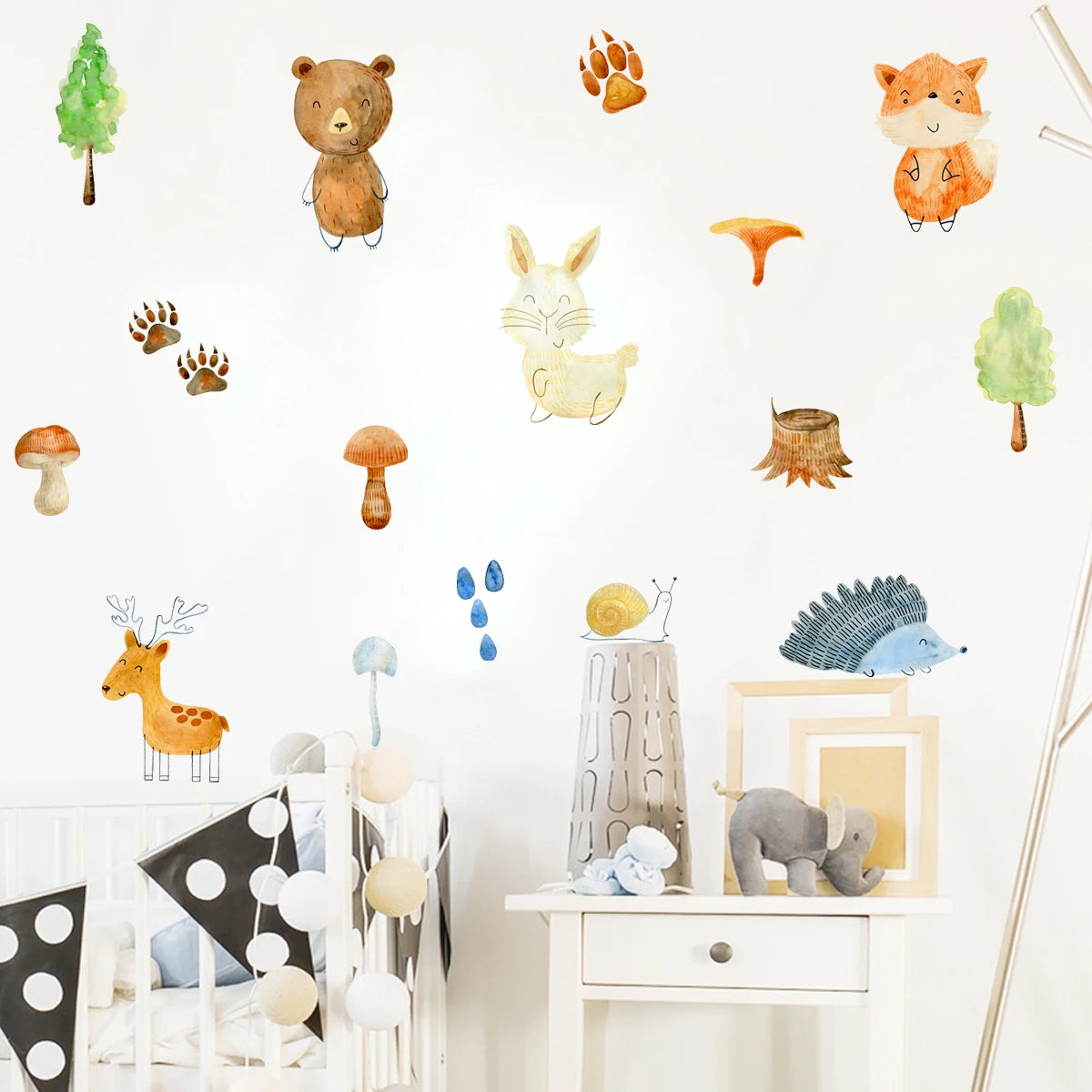 Cute Cartoon Woodland Animals Wall Decals – Bear, Deer, Fox, Rabbit & Forest Animals Footprints in Vivid Color Wall Stickers for Nursery or Kids’ Room Decor