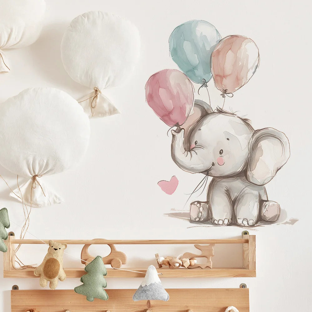 Children's room decor with an elephant holding balloons and a wooden shelf with toys.