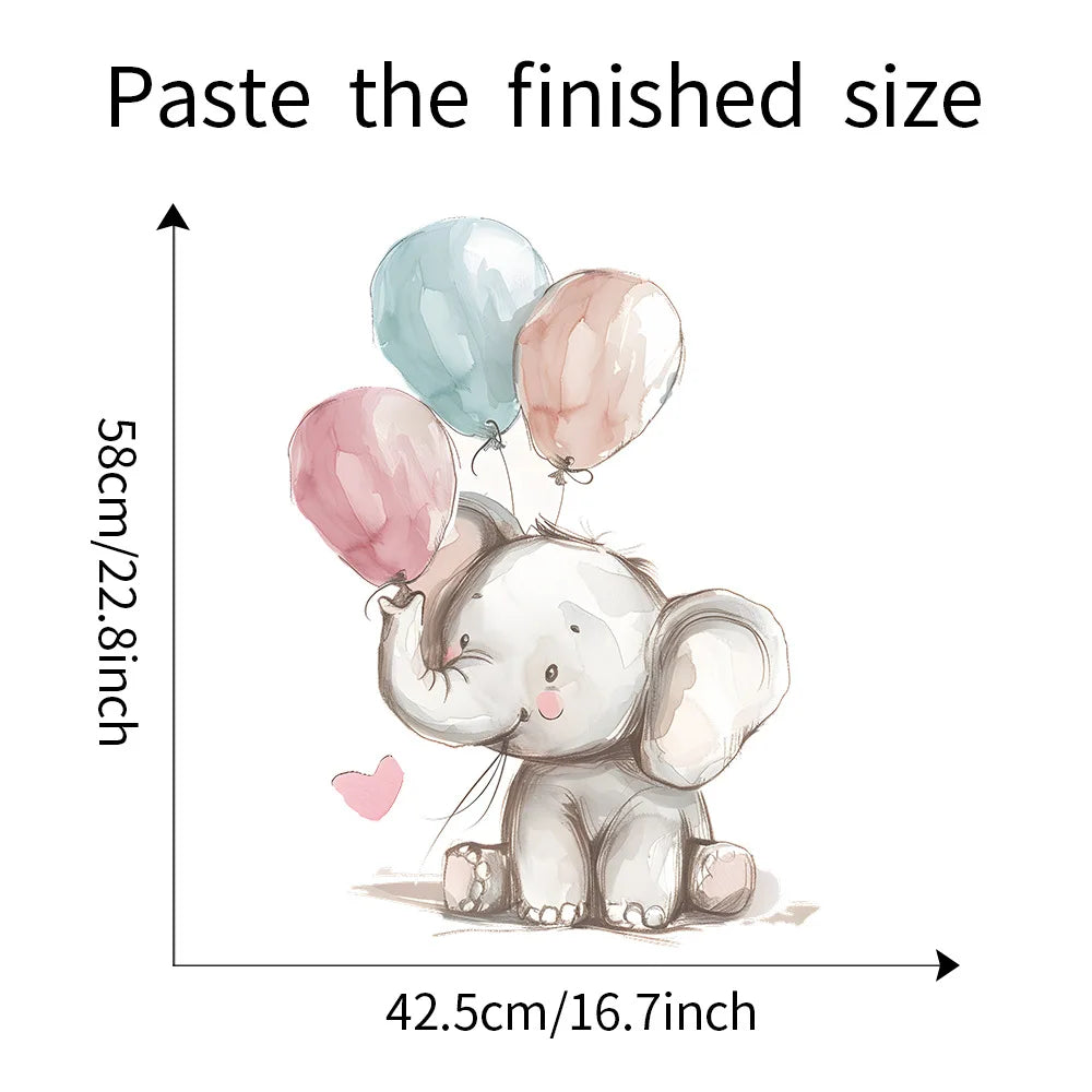 Illustration of a baby elephant holding balloons with dimensions indicated.