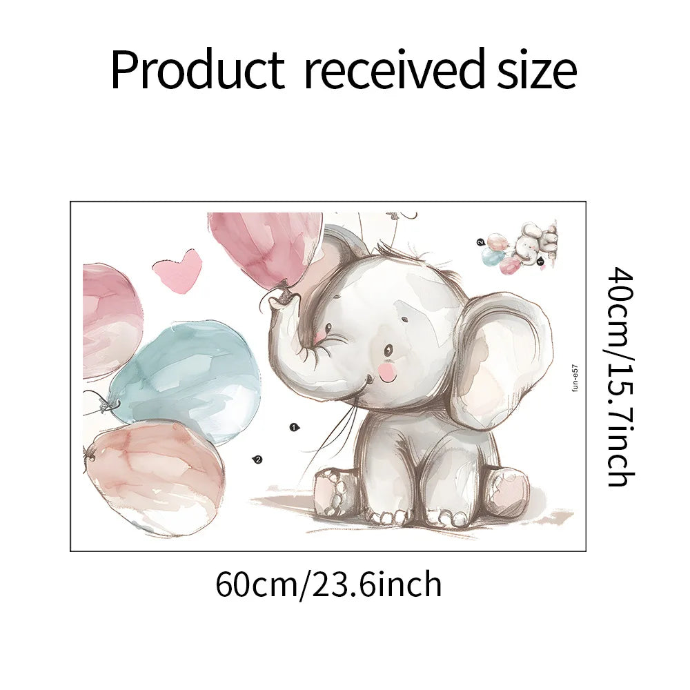 Illustration of an elephant holding balloons with dimensions indicated.