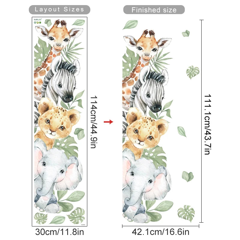 Wall decal with jungle animals and dimensions on a white background