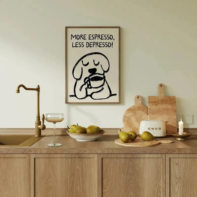 Kitchen counter with a dog illustration and text, cutting boards, and fruit.