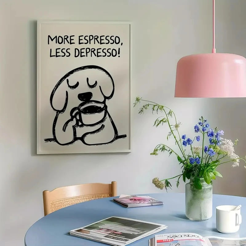 Room interior with a framed picture of a dog drinking coffee, a pink lamp, and a table with magazines and flowers.