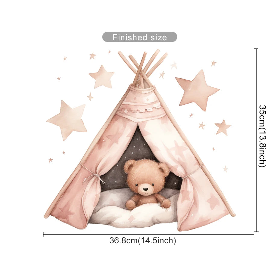 Illustration of a pink teepee with a teddy bear inside, surrounded by stars, with measurements displayed.