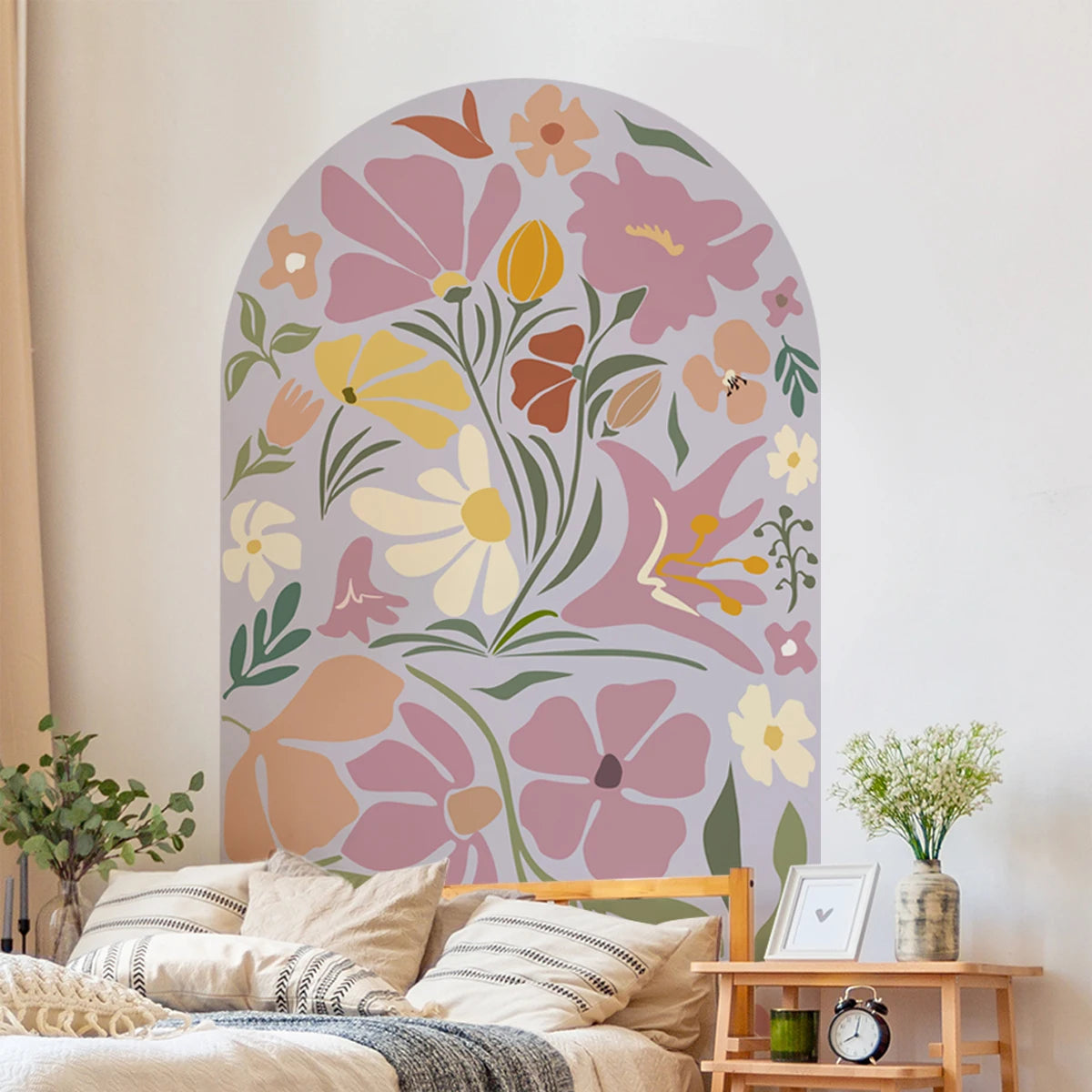 Dreamy Lilac Bloom Arch Wall Mural – Boho Botanical Floral Wall Decal for Serene Bedroom & Creative DIY Living Room Decor